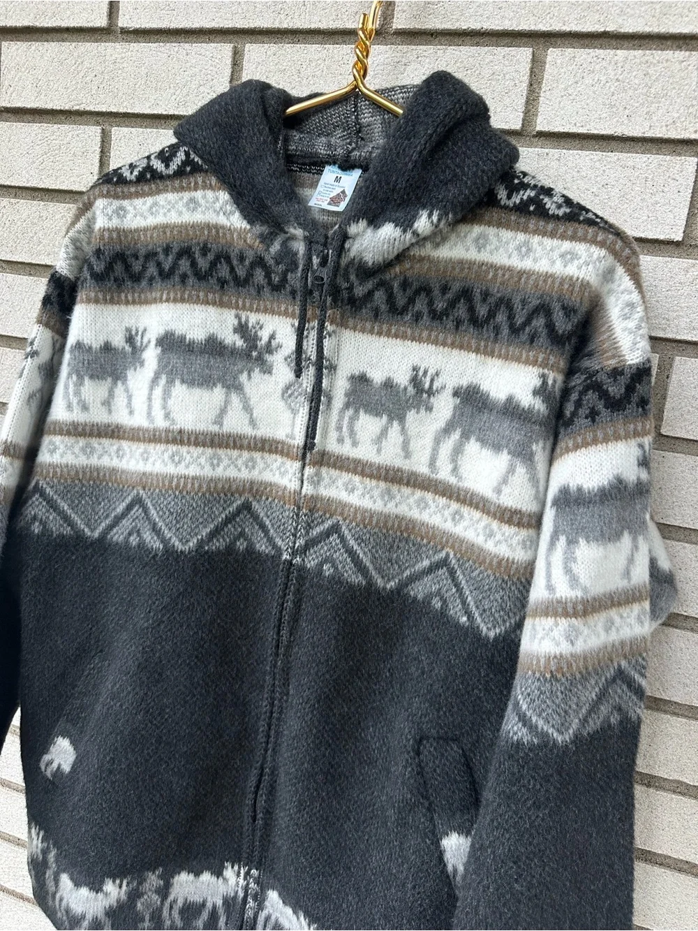 Artesanias Tuntaquimba M Wool Moose Fair Isle Hooded Zip Sweater Ecuador